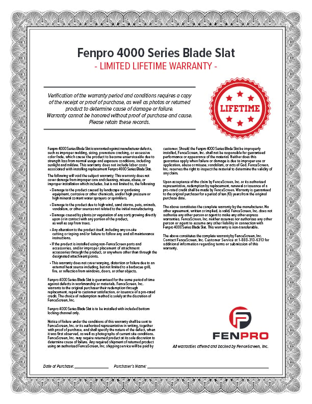 4000 Series Blade Slat Warranty Material Specifications