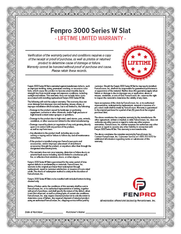 3000 Series W Slat Warranty Material Specifications