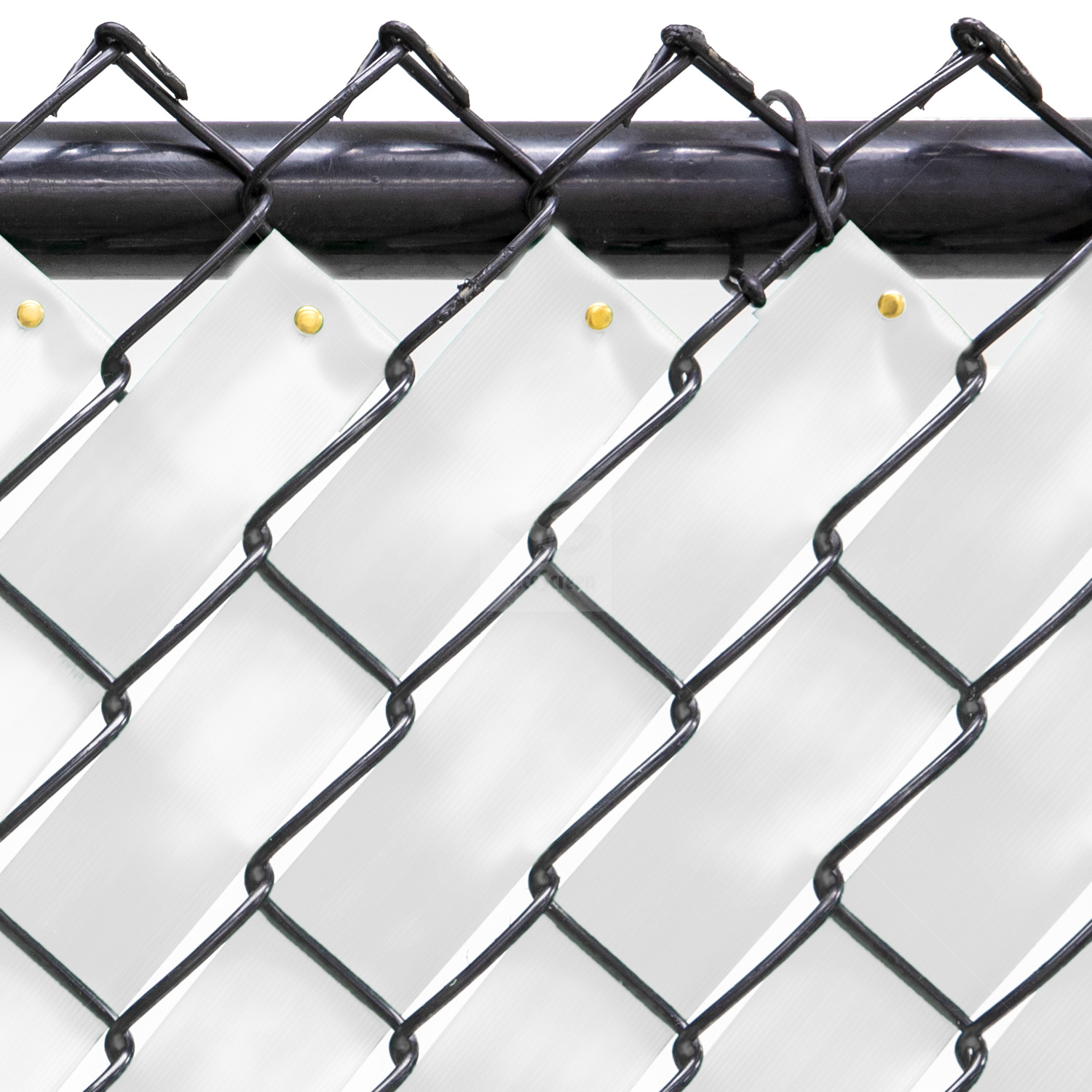 Close-up of Fenpro Privacy Fence Tape woven into a chain-link fence