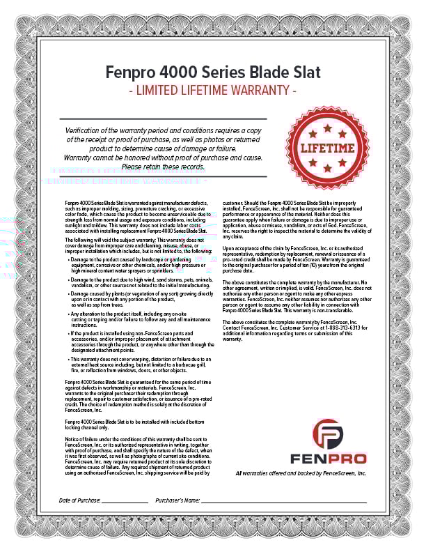 4000 Series Blade Slat Warranty Material Specifications