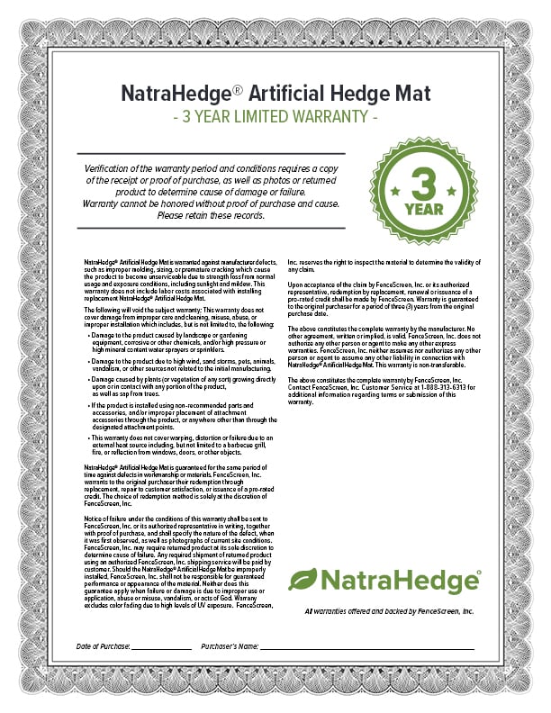 NatraHedge Mat Warranty Material Specifications