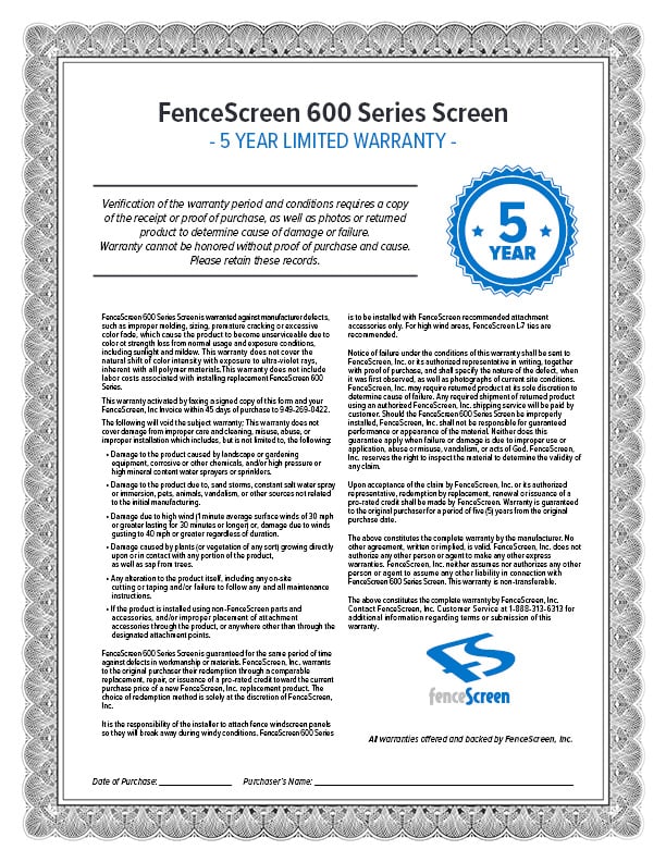 600 Series Warranty Material Specifications